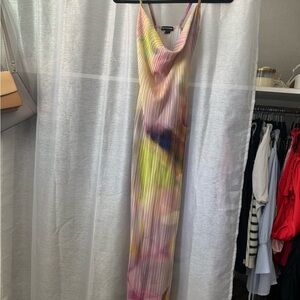 Multi Watercolour Plisse Strappy Maxi Dress